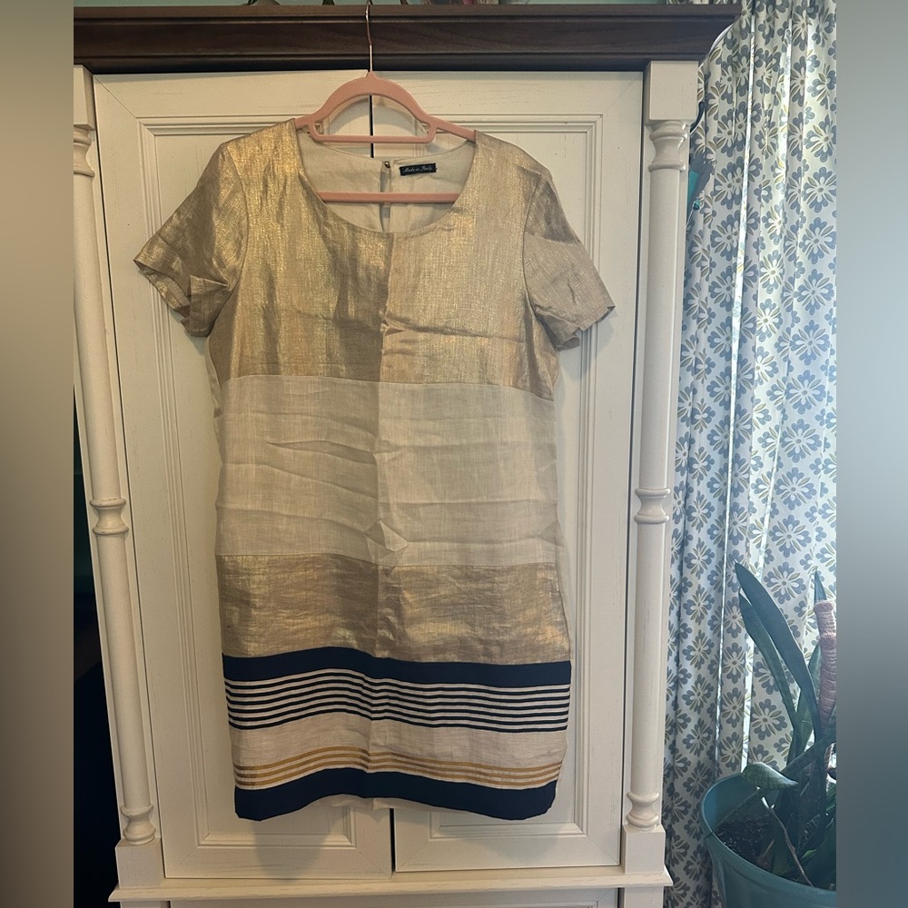 NWOT Made/Bought in Italy -Gold & Cream Shift Dress with Navy Stripe Linen Large